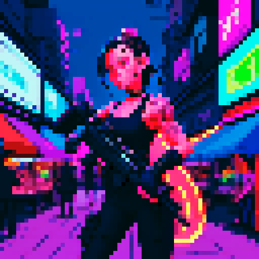 Street merchant assassin girl, neon-lit night market, slicked-back hair, pixelated sniper rifle, fluorescent tattoos, sRGB glow, bustling crowds.

