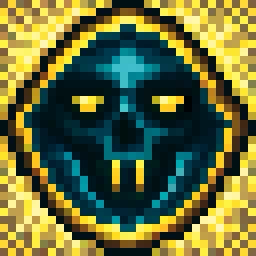 skull, game icon, 32x32 pixel art, sRGB, skill art, close up, portrait, glowing eyes, cracked bone, intricate details, vibrant colors, shadowy background, pixelated texture, menacing expression, symmetrical design