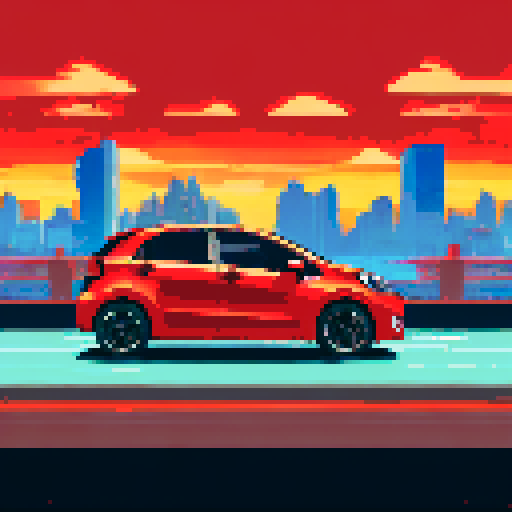 photorealistic, red Kia Rio car, centered, facing forward, right wheel forward, on a highway, sRGB, pixel art, background, landscape