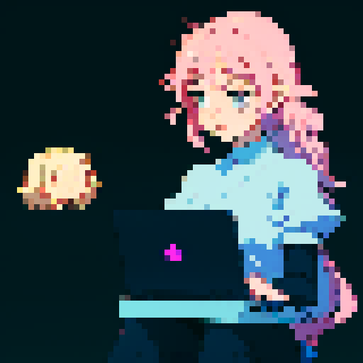 Glowing chat bubble, connected pair of laptops, two hands shaking, retro pixel art, minimalist design, soft muted colors, plain black background, two persons