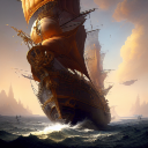 "Dutch-inspired, Baroque style, with bold colors and intricate details. A towering mast, billowing sails, and rusted chains adorn the vessel as it cuts through churning waves, while ornate carvings and gilded accents catch the eye." viewed from the side.