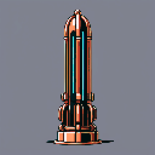 I want a tall vertical copper structure reminiscent of a organ pipe. It should have strange mechanical details that could interlock with each other. I also want this object usable an asset in a videogame, meaning only one object per image, outlined with a strong black stroke, on a solid-color background.