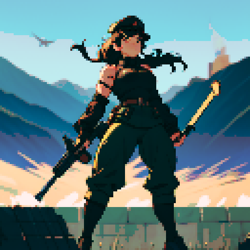 full-body image, muscle girl, female, thick biceps, big shoulders, big fists, muscular physique, thick waist, facing left, ready to fight, exaggerated proportions, black military uniform, black hat, military backdrop, sRGB, pixel art, army behind her, military behind her, army in background