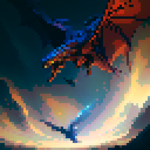Fiery dragon with shimmering scales, wings spread wide as it soars through a cloudy sky, spewing flames from its monstrous jaws with a backdrop of a mystical kingdom in a fantasy RPG style