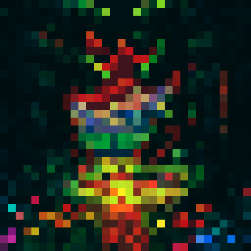 A sprawling, lush meadow dotted with vibrant wildflowers and towering trees framed by a majestic mountain range in the background, all rendered in pixel art with a vibrant sRGB color palette