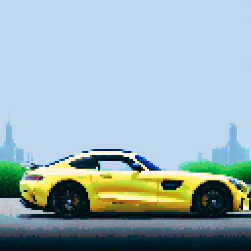Photorealistic whole Mercedes-Benz AMG GT , three-quarter view, right front wheel, clean background, sRGB colors, pixel art style