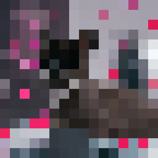 16x16 pixel portrait of a doe-eyed tuxedo cat, with a tiny pink nose, standing atop a stack of heart-shaped pillows, surrounded by floating love letters and framed by a bright red heart border.