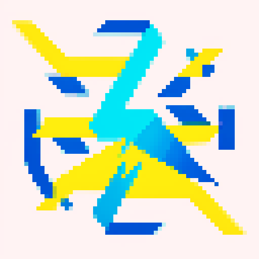 lightning bolt, pixel art, vibrant yellow and blue, thumder and lightning, sparks, clean and simple design, visually appealing, conveying power and electricity, easily recognizable icon, minimalistic style
