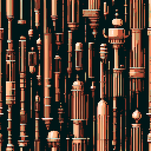 I want a tall vertical copper structure reminiscent of a organ pipe. It should have strange mechanical details that could interlock with each other. I also want this object usable an asset in a videogame, meaning only one object per image, outlined with a strong black stroke, on a solid-color background.