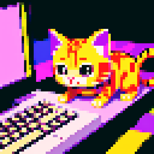 Pixelated screens, busy keyboards, feline programmers, colorful sprites, retro vibes, bustling workspace, vibrant code, digitized fur, tiny paws, 8-bit meows, sRGB palette; cat coders create pixel art with a nostalgic, retro feel