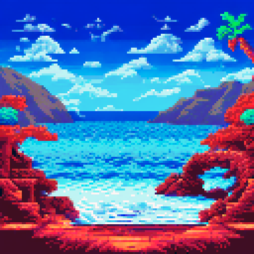 Mediterranean waves crashing in vibrant, contrasting hues with fluid movement and textured brushstrokes in a pixel art style, creating a mesmerizing sRGB palette of a landless seascape
