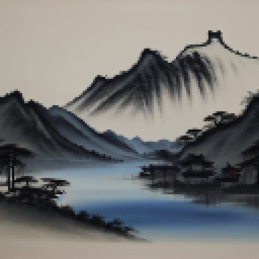 Chinese style painting, hills are around the river, the trees on the beach, and several pavilions stand over there. 