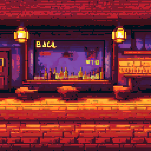 noir 24-bit pixel art game about a bar. Noir bar, there is a bartender, a wall with bottles, like game from 90's, style of cave story