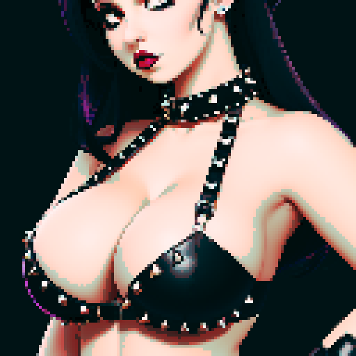 curvy, busty cute goth babe with studded collar, big titty goth wearing studded leather halter top. Large breasts. hair in buns. close up portrait, pixel art, sRGB