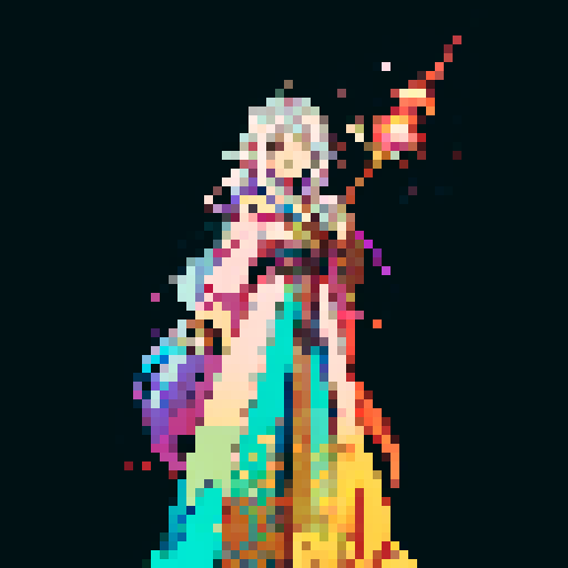 legendary anime girl wizard, long flowing hair, vibrant and dynamic colors, glowing magical staff, intricate and ornate robes, intense and focused expression looking to the right, not wearing shoes, sparkling and shimmering background, detailed and precise pixel art
