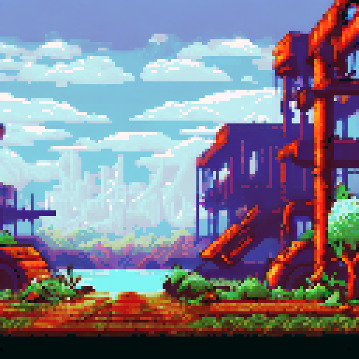 post-apocalyptic factory, hidden in the woods, abandoned machinery, rusted pipes, overgrown vines, decaying buildings, shattered windows, eerie silence, nature reclaiming, vibrant pixelated colors, sRGB palette, atmospheric landscape
