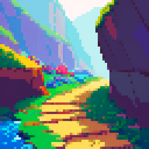 rocky path, vibrant colors, pixelated textures, jagged edges, low resolution, sRGB color space