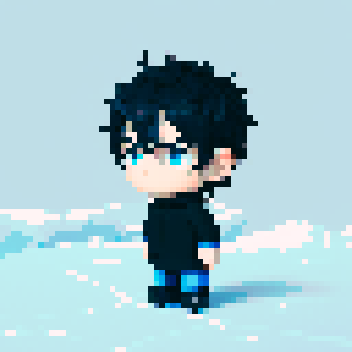 The design should include the following details:
Appearance:
Gender: Male
Age: Young adult
Hair: Near-black deep blue, styled in a way that suggests a cold or icy theme, perhaps with a few strands of hair falling over his forehead.
Eyes: Icy blue, half-closed, giving a calm and introspective expression.
Clothing:
Outfit: Pure black, elegant yet slightly worn and tattered to reflect a long journey. Consider el