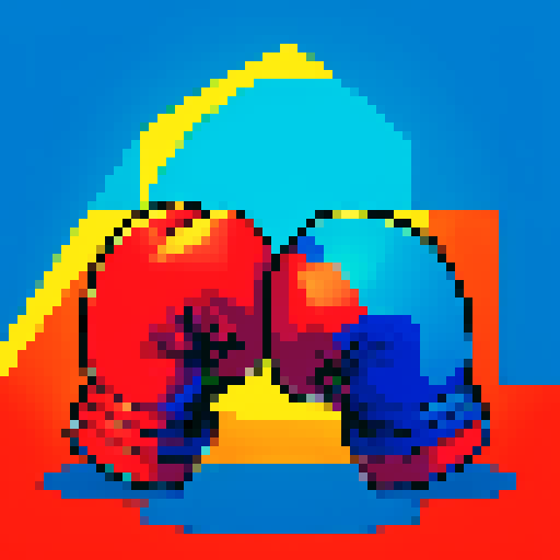 boxing glove, vibrant colors, bold lines, pixelated texture, cartoonish style, comic book aesthetic, dramatic shadows, dynamic motion, high contrast, pow shape, retro video game vibe, sRGB color space