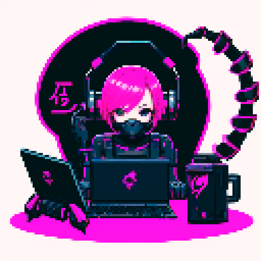 cute cyberpunk scorpion with human head, human head is from anime inspired character with short pink hair, expressive eyes, a playful smile, and a mouth mask, scorpion is playing computer games, tables with coca cola, scorpion's tail should be fully in the picture