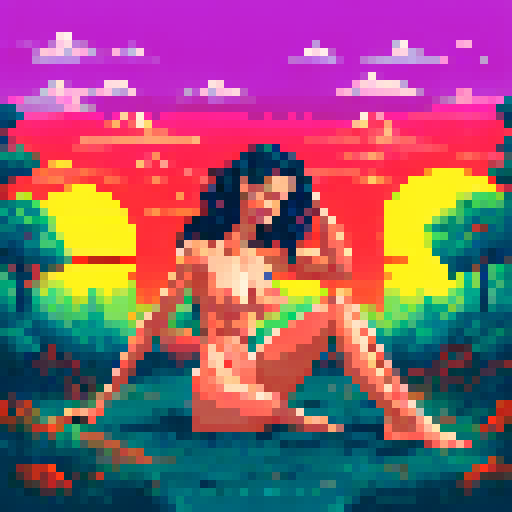 sexy beautiful model, green eyes, golden wet skin shining, orange sunset light, coy smile, tanned skin, black wavy shiny hair, 50mm portrait, sun, glamour, soft curves, ass, full wet lips, nude, nsfw, +18, sRGB, pixel art, background, landscape