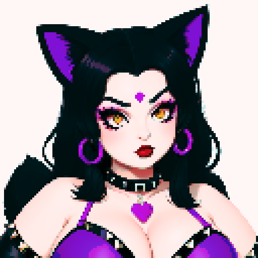 Cat girl, curvy, cute goth woman with black hair, purple eyeshadow, and red lipstick, wearing a bikini, studded collar, portrait, face avatar, in a glamour shot, sRGB color