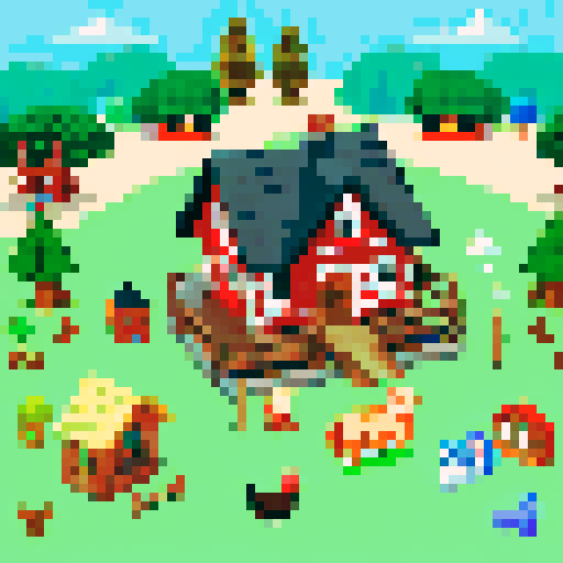 Seaside log cabin, family playing, farm animals