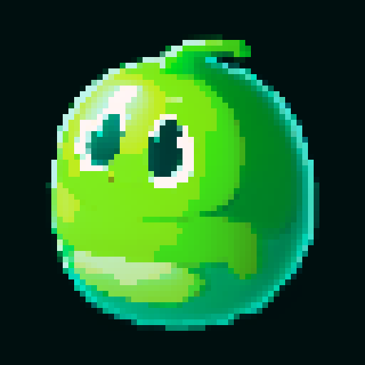 A larger, more formidable amorphous blob with a thicker, more opaque green body. It has bigger eyes and a wider smile, with more bubbles inside. No background.
