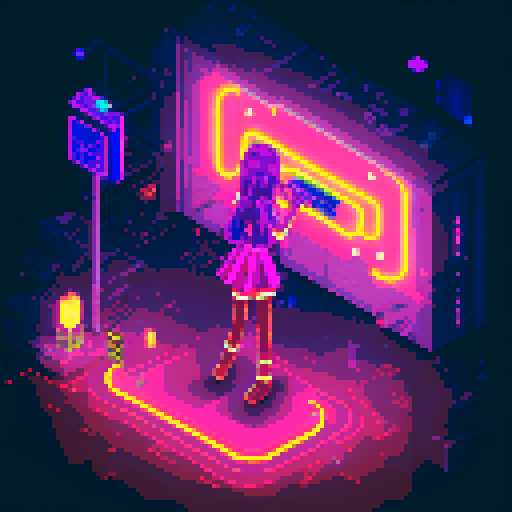  Mage anime girl with flowing hair, fluorescent tattoos, and a pixelated sniper rifle, navigating through a purple neon-lit night market and an sRGB glow