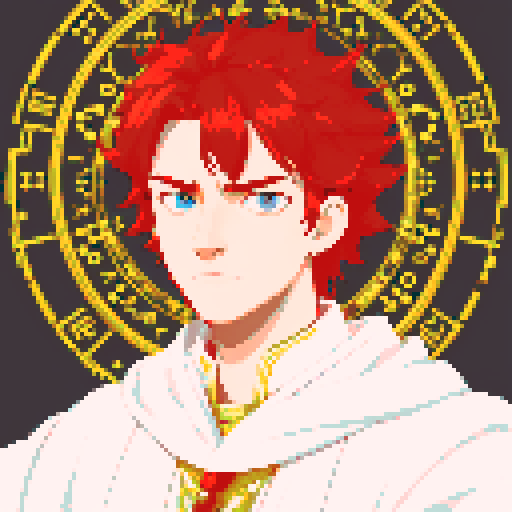 red headed male wizard with regal white robes, adorned with astrological symbols, in a pixel art style with vibrant sRGB colors