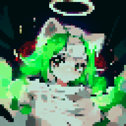 Hooded catgirl with bright green eyes staring intensely at the viewer, captured in a close-up character portrait with an anime style and rendered in pixel art.