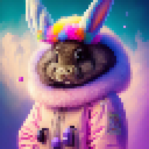 Colorful, whimsical, and cartoonish.

        Vibrant, playful bunny-women in oversized hats frolic through a candy-coated wonderland filled with towering lollipops, glittering rainbows, and fluffy clouds.