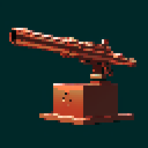 I want a copper minigun viewed from from the side. I want this object usable an asset in a videogame, meaning only one object per image, outlined with a strong black stroke, on a solid-color background.