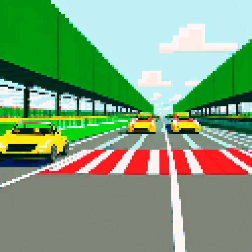 the start of the race, the race track cars are in a row, the traffic lights show green, the race begins