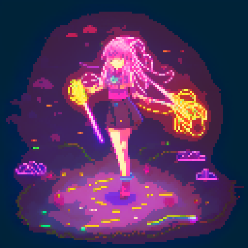 Mage anime girl, flowing hair, fluorescent tattoos, glowing staff, purple neon-lit night market, pixel art