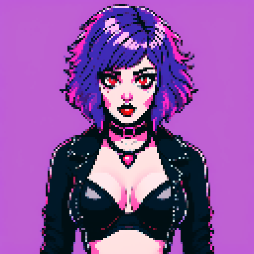 busty goth girl, with purple hair, black eyeshadow and red lipstick. wearing bikini and studded collar, seductive photo, vibrant srgb colors, edgy aesthetic