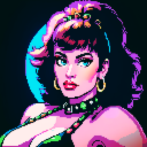 curvy, busty 1980s rocker babe with studded collar. Portrait of head, in a close up glamour shot. Wearing Halter top. Neon lighting, modern tile backsplash