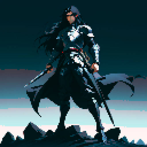 full-body image, male knight, man in black armor, giant sword, long black hair, sexy, male dark knight, giant sword, huge long sword, long hair, facing left, ready to fight, very long sword