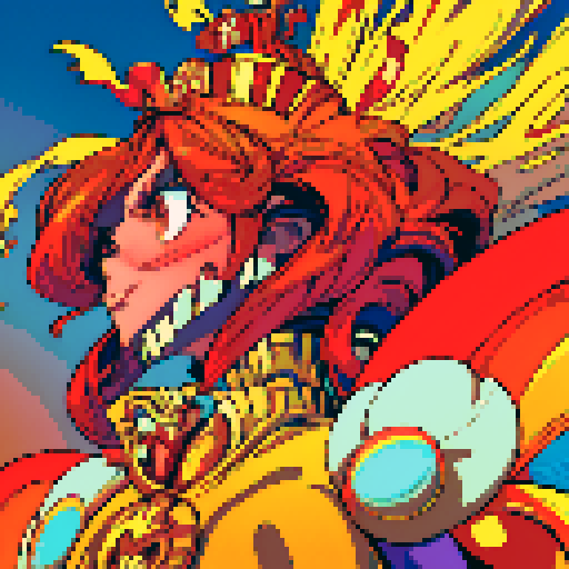 red, yellow, and blue pixelized monster with spider legs at the bottom, a golden heart as its torso, and a crown on top, all against a tri-color background, created in a 2D pixel art style reminiscent of futurism
