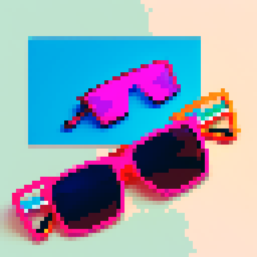 Neon pink and blue sunglasses with pixelated frames and a retro design, reflecting the city skyline at night, neutral perspective, medium shot
