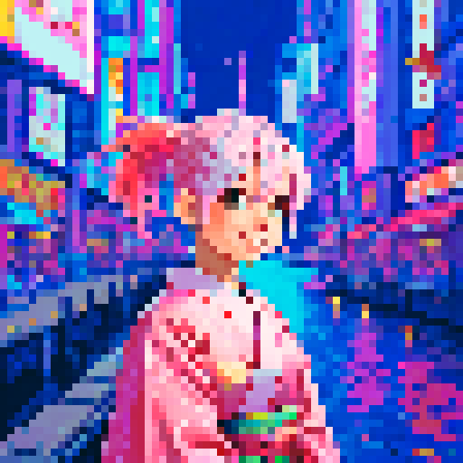 pixel art,high resolution,1girl,smiling,look at fish,ponytail,pink silver hair,brown kimono,traditional clothes,cyberpunk,futuristic,neon lights,cityscape,night sky,2fish,goldfish,flying fish,glitter fish,smiling,looking at fish,