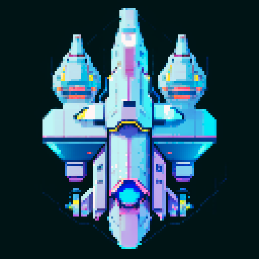 2d Spaceship in empty space, metallic exterior, retro aesthetic, pixelated details,blinking lights, wireframe outlines, geometric shapes, low-resolution textures, pixel art style, sRGB color space View from above.
shades of metallic silver and grays for the body, accented with bright blues or greens for the windows and thrusters. This palette evokes traditional, sleek, and advanced technological aesthetics.