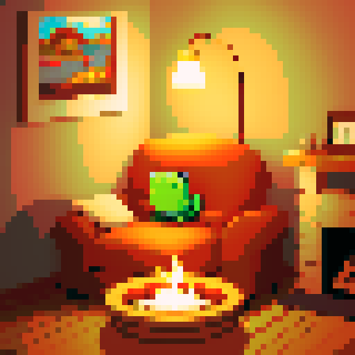 cozy, dimly lit room, small, jovial frog, plush couch chair, vast furniture, flickering flames, nearby fireplace, warm glow, soft golden light, comfort, relaxation, mug, tiny webbed fingers, steaming coffee, pure bliss, pixel art, sRGB