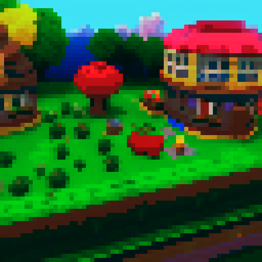 Create a vibrant, pixelated map of a farm-to-table kitchen for the first level of Dr. Ketchup's video game, featuring a lively garden full of fresh vegetables and a bustling kitchen area equipped with classic cooking tools, all rendered in a colorful and stylized pixel art style. Create a pixel art map for the first level of the Dr. Ketchup video game. This level will be the introduction to the world of Dr. Ketchup, setting the tone for the rest of the game. The map should be a stylized version 