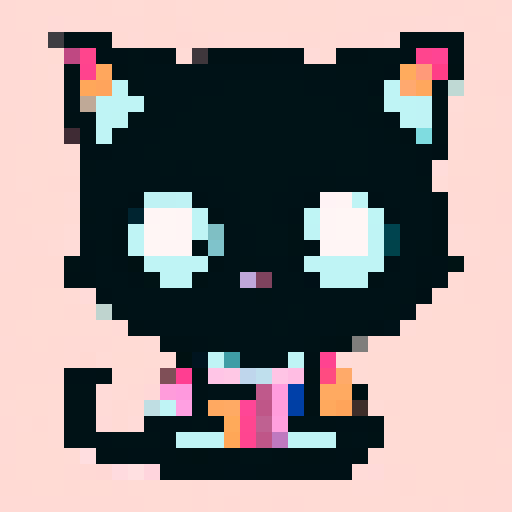 cat, vibrant colors, geometric shapes, low resolution, retro aesthetic, blocky pixels, bold outlines, limited color palette, 8-bit, playful expression, stylized whiskers, symmetrical composition
