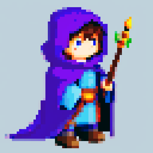 wizard in cloak and hood, staff with precious stone tip, pixel art, sRGB