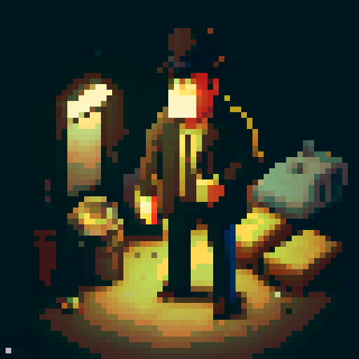 Create a grizzled, fedora-wearing detective with a trench coat and magnifying glass, standing in a dimly lit alleyway surrounded by graffiti and trash cans in a noir-inspired pixel art style as game character.