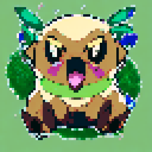 Brown pug with big eyes, tongue out, surrounded by flies, standing on a green grass patch, eating a pile of poop