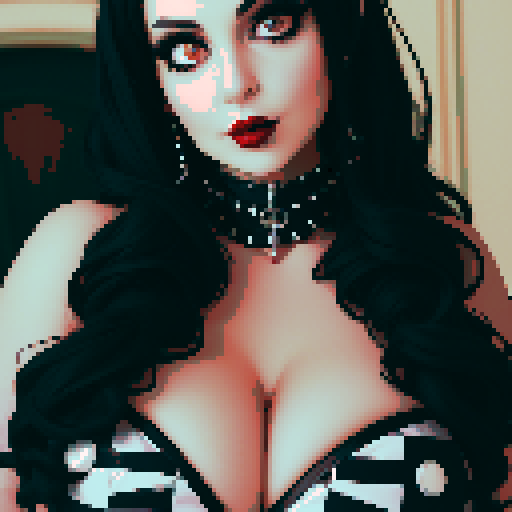 curvy busty goth, cute goth woman, with black hair, and red lipstick, wearing a studded collar,  beauty photo, glamour shot, sRGB color