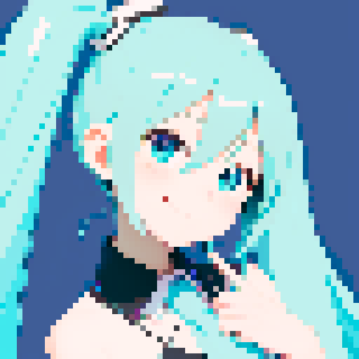 Hatsune Miku, square pfp, 64x64, smiling, pixel art, sRGB, vibrant hair, sparkling eyes, cute outfit, dynamic pose, glowing microphone